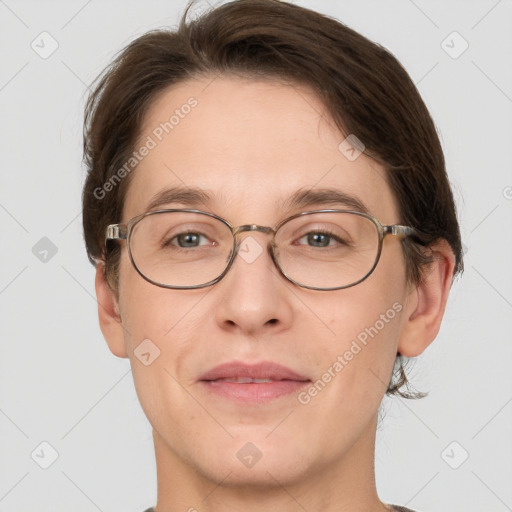 Joyful white adult female with short  brown hair and brown eyes