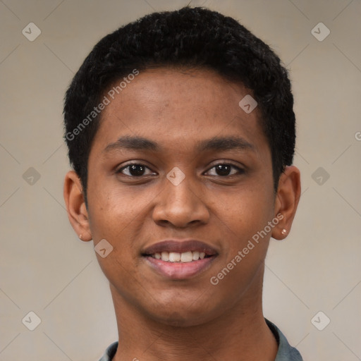 Joyful black young-adult male with short  black hair and brown eyes