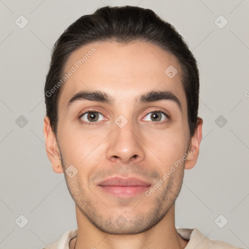 Joyful white young-adult male with short  brown hair and brown eyes