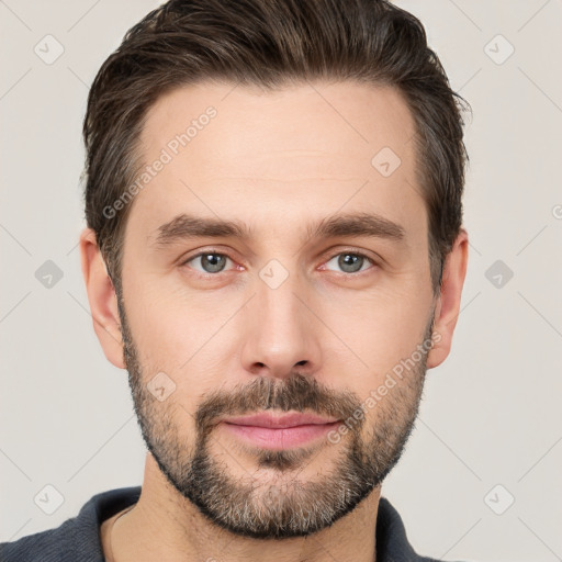 Neutral white young-adult male with short  brown hair and brown eyes