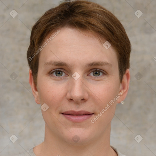 Joyful white young-adult female with short  brown hair and grey eyes