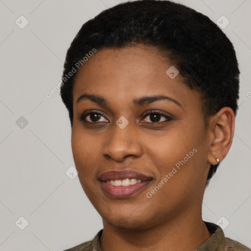 Joyful latino young-adult female with short  black hair and brown eyes