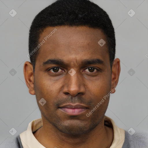 Neutral latino young-adult male with short  black hair and brown eyes
