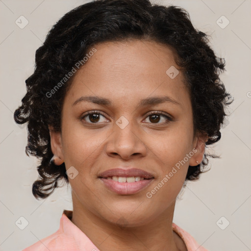 Joyful latino young-adult female with short  brown hair and brown eyes