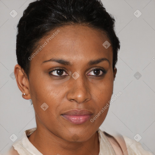 Joyful latino young-adult female with short  brown hair and brown eyes
