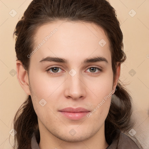 Neutral white young-adult female with long  brown hair and brown eyes