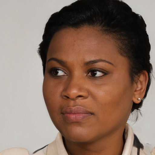 Joyful black young-adult female with medium  brown hair and brown eyes