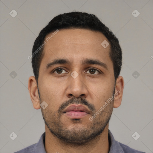 Neutral latino young-adult male with short  black hair and brown eyes