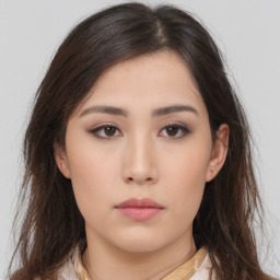 Neutral asian young-adult female with long  brown hair and brown eyes