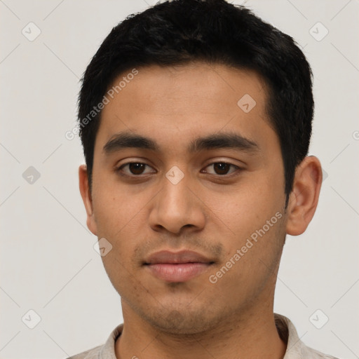 Neutral asian young-adult male with short  black hair and brown eyes