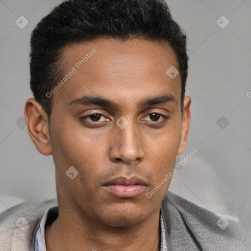 Neutral latino young-adult male with short  black hair and brown eyes