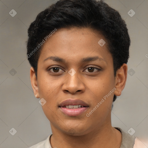 Joyful latino young-adult female with short  brown hair and brown eyes