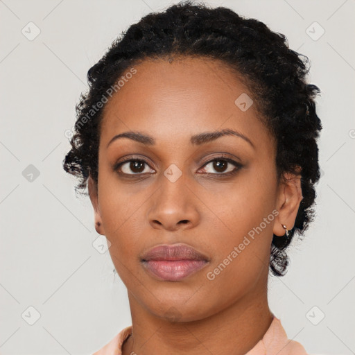 Neutral black young-adult female with short  black hair and brown eyes