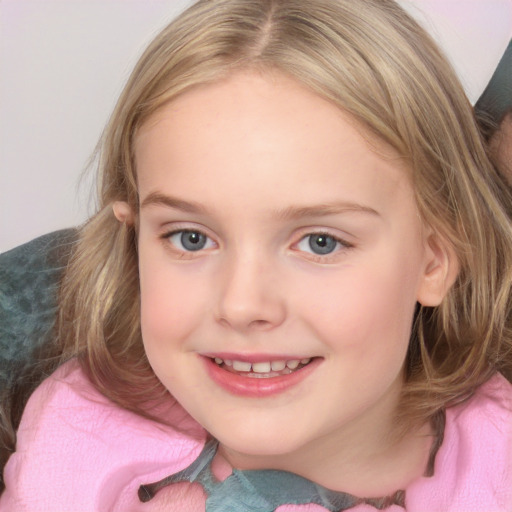 Joyful white child female with medium  brown hair and blue eyes