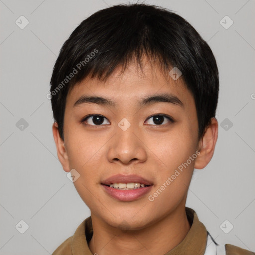 Joyful asian young-adult male with short  black hair and brown eyes