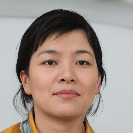 Neutral asian young-adult female with medium  brown hair and brown eyes
