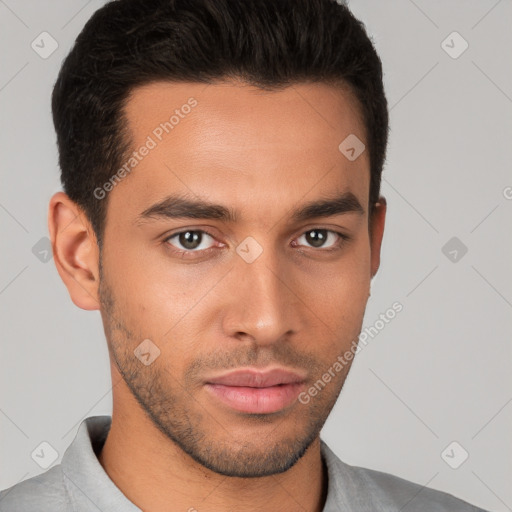 Neutral white young-adult male with short  brown hair and brown eyes