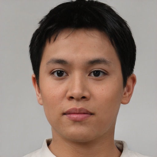 Neutral asian young-adult male with short  brown hair and brown eyes