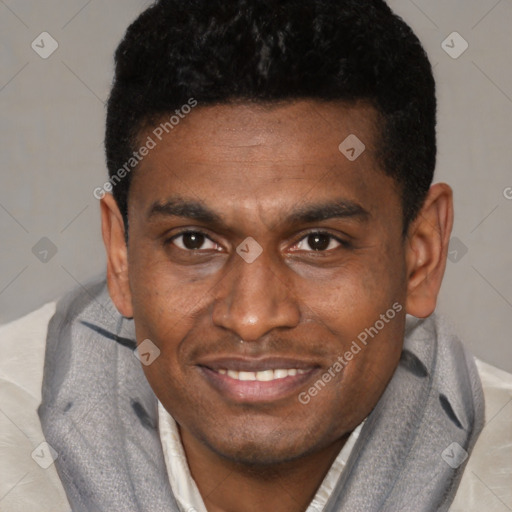 Joyful black young-adult male with short  brown hair and brown eyes
