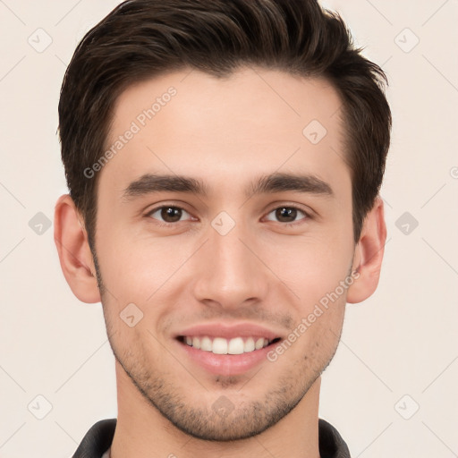 Joyful white young-adult male with short  brown hair and brown eyes