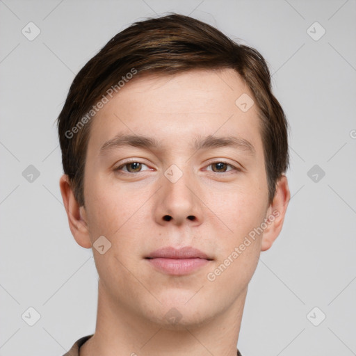 Neutral white young-adult male with short  brown hair and brown eyes