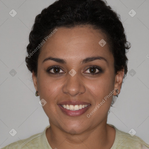 Joyful latino young-adult female with short  brown hair and brown eyes