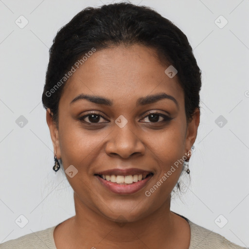 Joyful latino young-adult female with short  black hair and brown eyes