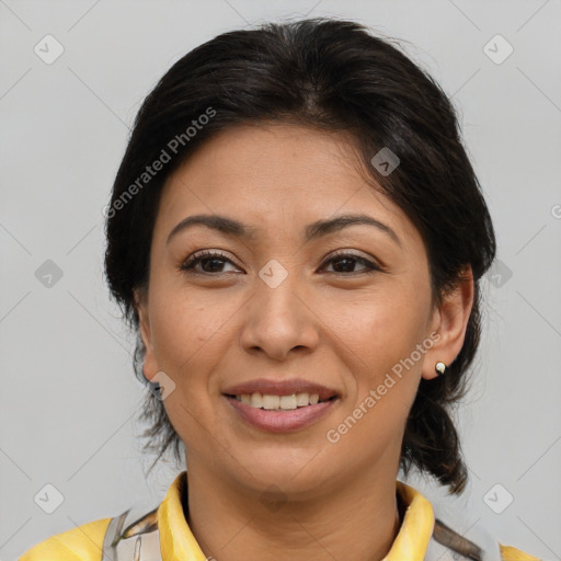 Joyful latino young-adult female with medium  brown hair and brown eyes