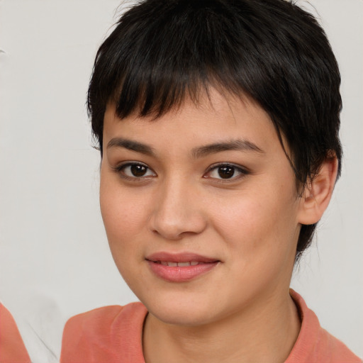 Joyful asian young-adult female with short  brown hair and brown eyes