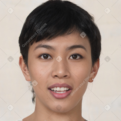 Joyful asian young-adult female with short  brown hair and brown eyes