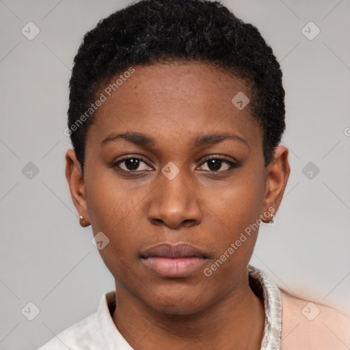 Neutral black young-adult female with short  black hair and brown eyes