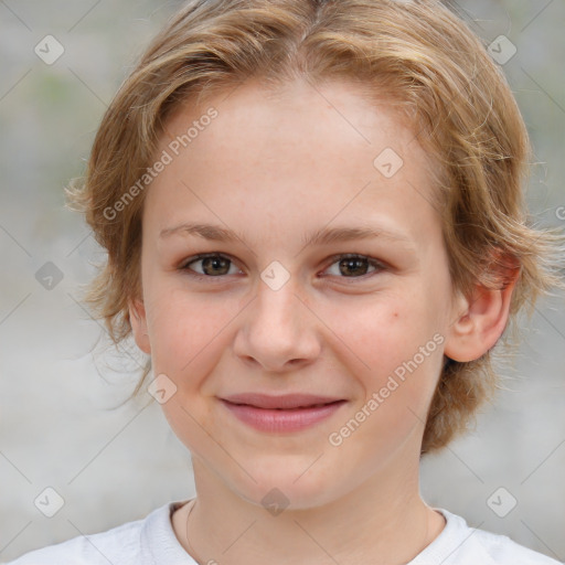 Joyful white child female with medium  brown hair and brown eyes