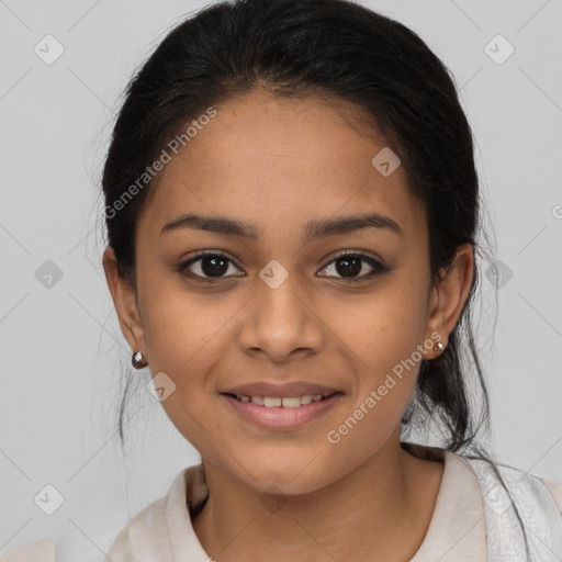 Joyful latino young-adult female with medium  brown hair and brown eyes