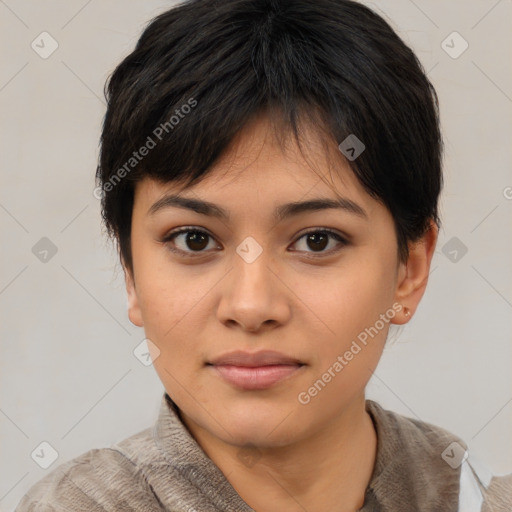 Neutral asian young-adult female with short  brown hair and brown eyes