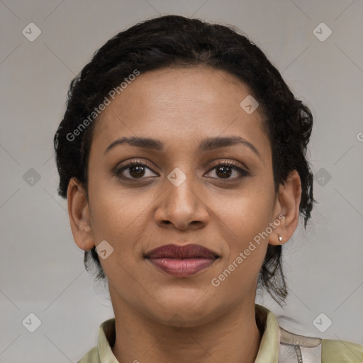 Joyful latino young-adult female with short  brown hair and brown eyes