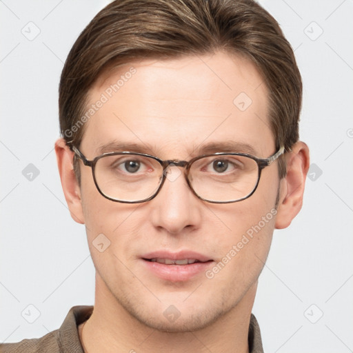 Joyful white adult male with short  brown hair and grey eyes