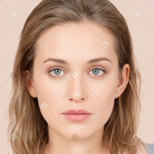 Neutral white young-adult female with long  brown hair and grey eyes