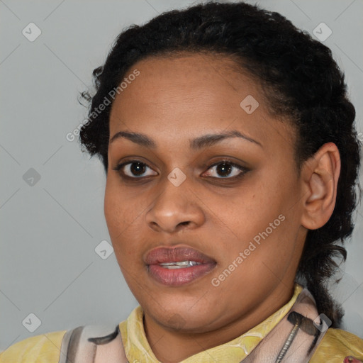 Joyful latino young-adult female with short  black hair and brown eyes