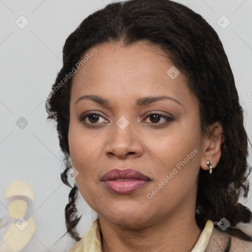 Joyful black young-adult female with medium  brown hair and brown eyes