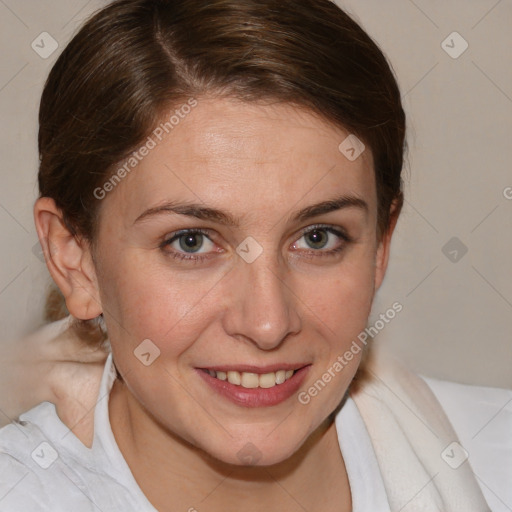 Joyful white young-adult female with medium  brown hair and blue eyes