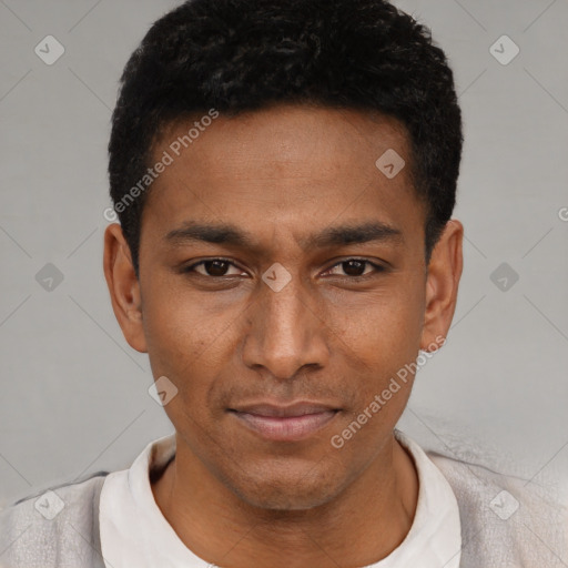 Neutral latino young-adult male with short  black hair and brown eyes