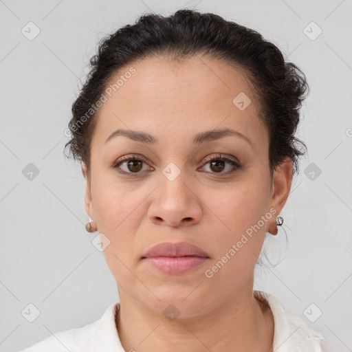 Joyful white adult female with short  brown hair and brown eyes