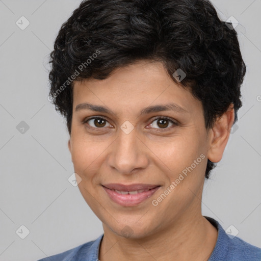 Joyful white adult female with short  brown hair and brown eyes