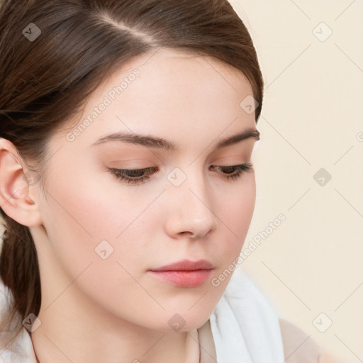 Neutral white young-adult female with medium  brown hair and brown eyes