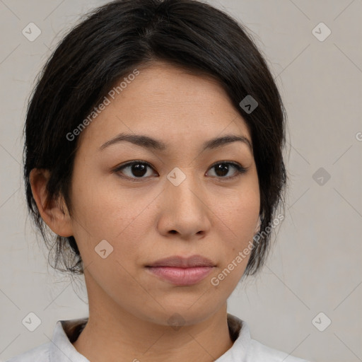 Neutral asian young-adult female with medium  brown hair and brown eyes