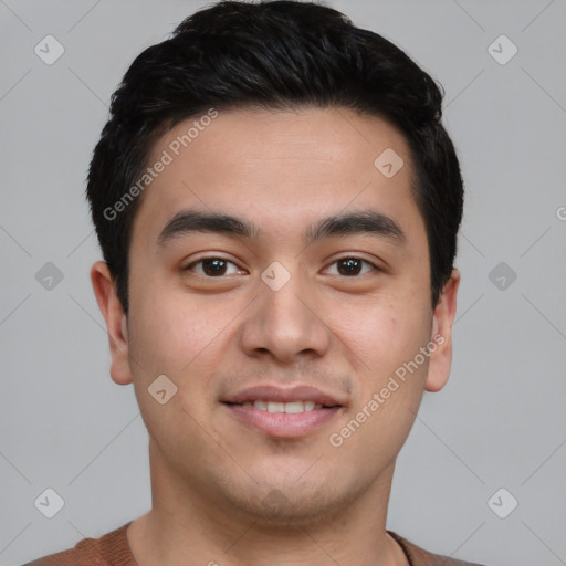 Joyful asian young-adult male with short  black hair and brown eyes