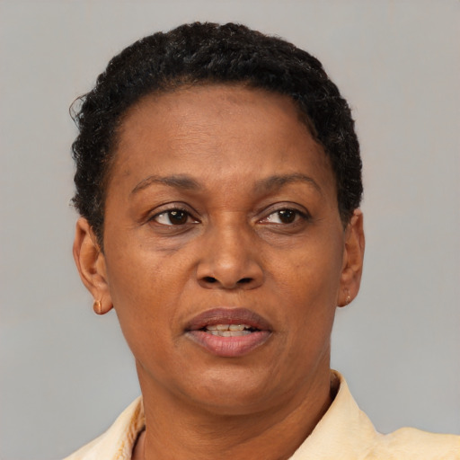 Joyful black adult female with short  brown hair and brown eyes