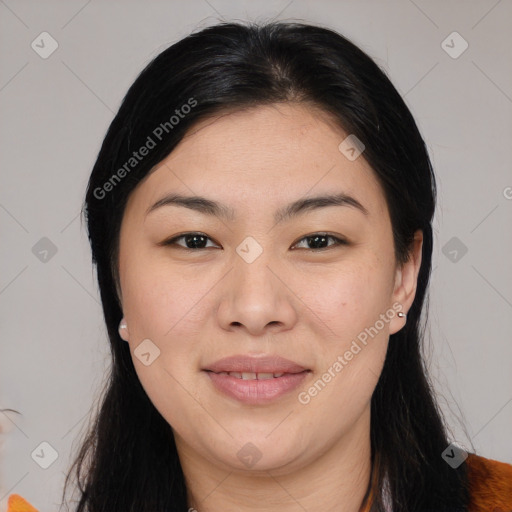 Joyful asian young-adult female with long  brown hair and brown eyes