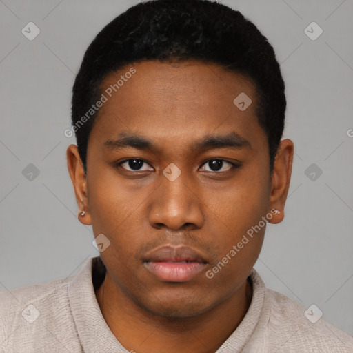 Neutral black young-adult male with short  black hair and brown eyes