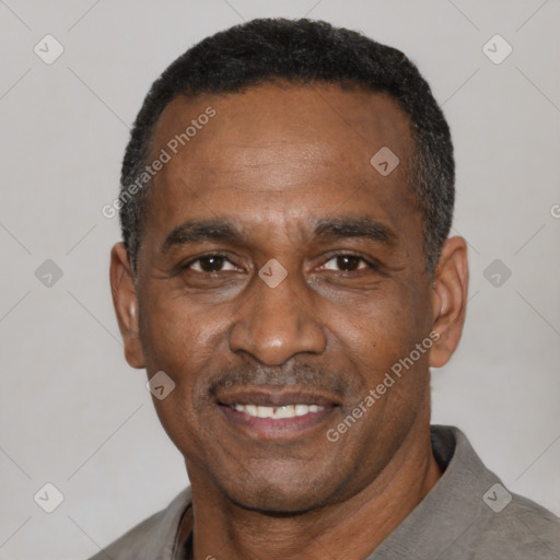 Joyful latino adult male with short  black hair and brown eyes
